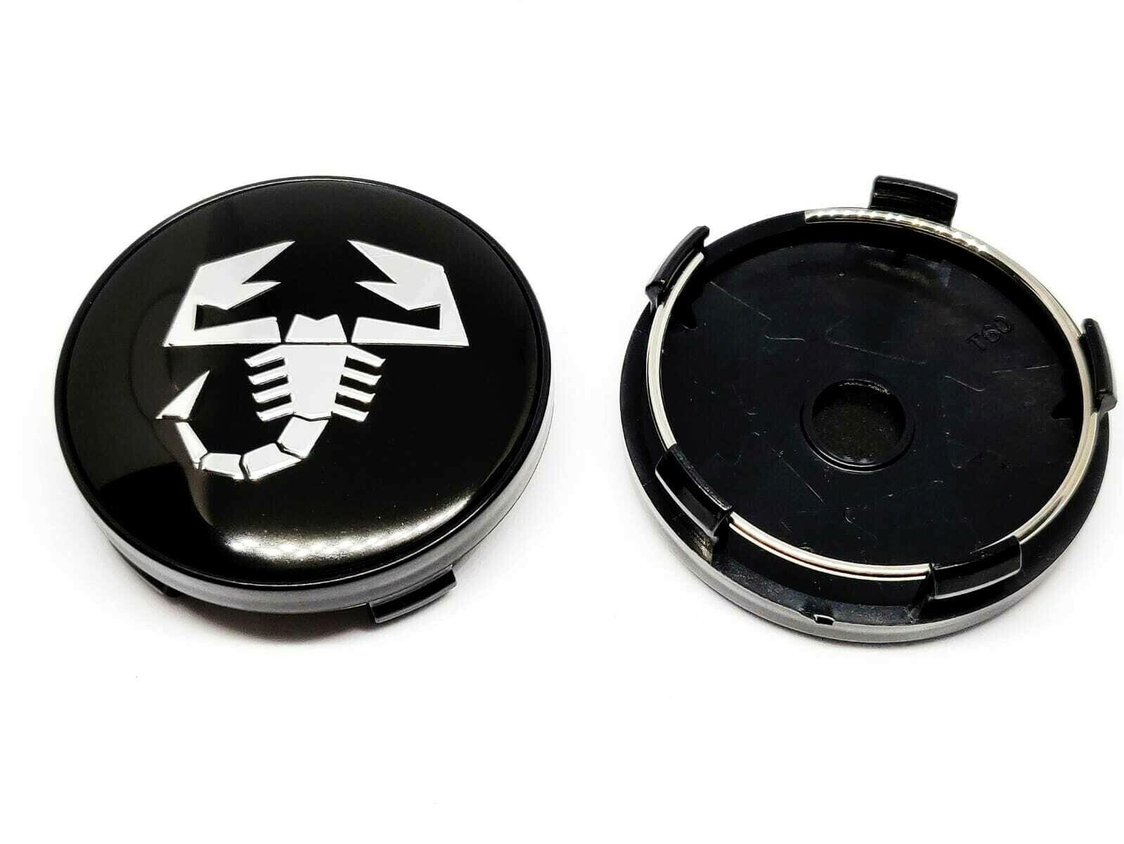 Set 4 Tappi Coprimozzo Copri Mozzo Diametro 60 mm con Scorpione Compatibili per ABARTH 500 595 695 SS GRANDE PUNTO Borchie Coppe Coppette per Cerchi in Lega Fiat Nero