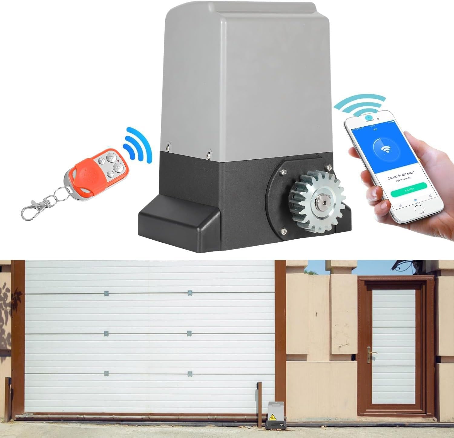 Accionamiento de puerta corredera de 370 W, apertura de puerta automática, carga máxima de 800 kg, con 2 mandos a distancia, 8 estantes y 12 metros de puerta corredera, modelo WiFi Bluetooth