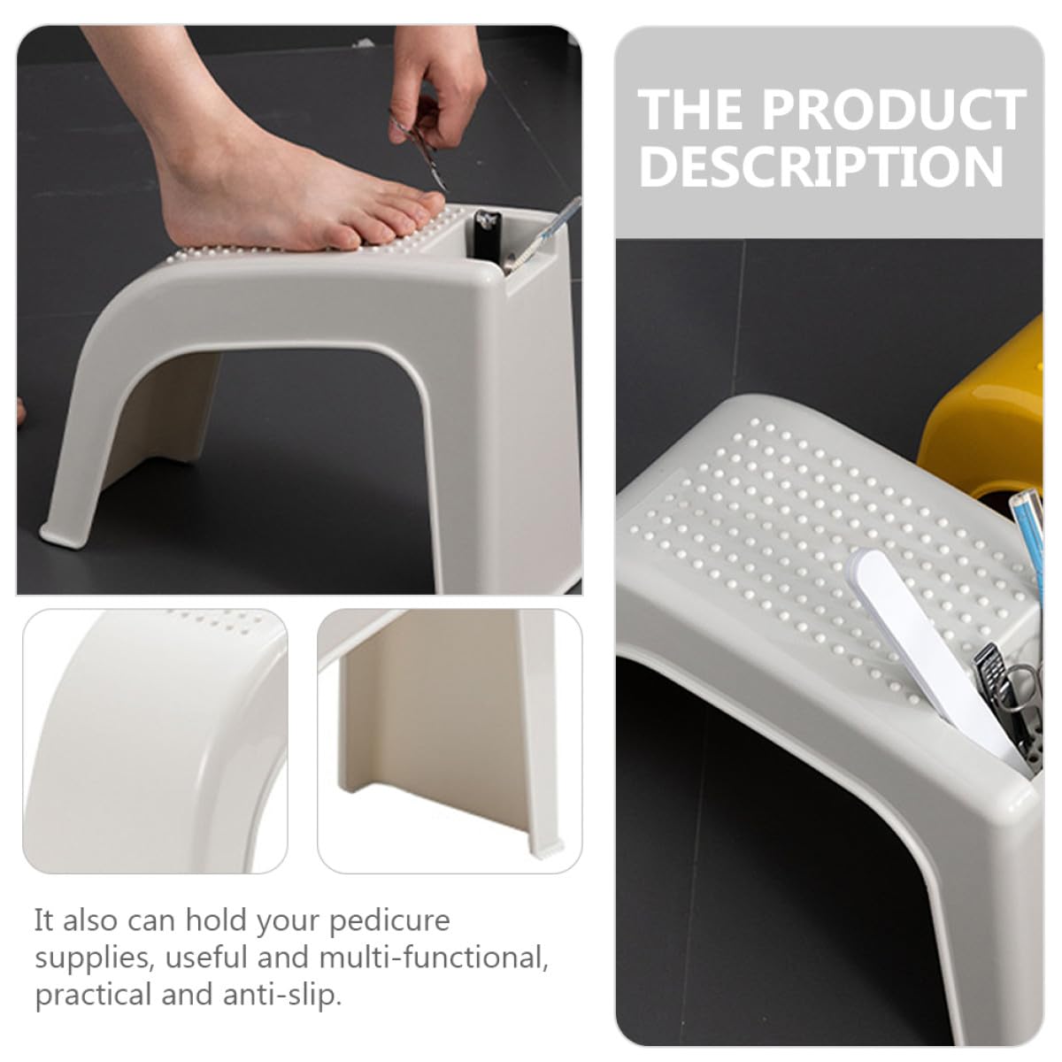 GALPADA Poggiapiedi per Pedicure in Plastico Beige Multifunzionale Supporto Antiscivolo e Portautensili, Sgabello Comodo per Bagno per Anziani e Donne in Gravidanza