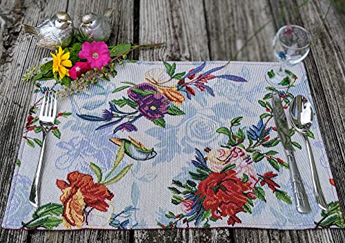 Dada Bedding Tropical Paradise Floral Blue Roses Placemats - Set Of 4 Tapestry Nature Birds Exotic Flowers Botanical Garden Berries - Decorative Linen Woven Kitchen Dining Table Mats - 13” X 19” #TOP29