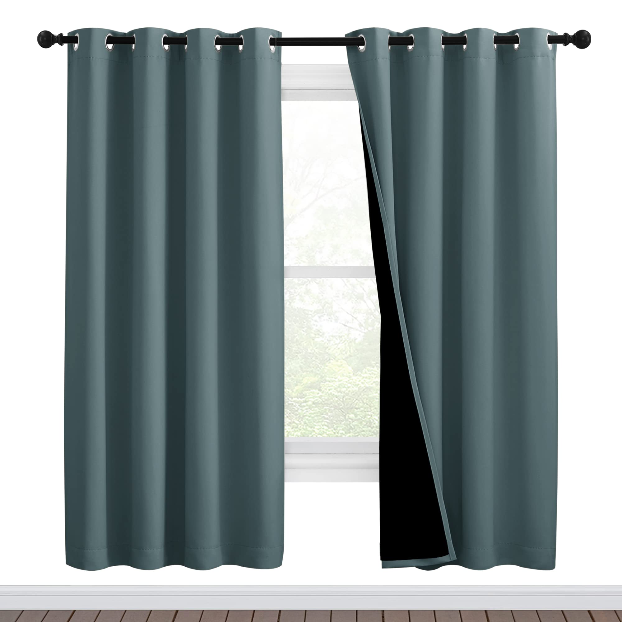 NICETOWN 100% Blackout Window Curtain Panels, Full Light Blocking Drapes with Black Liner for Nursery, 72-inch Drop Thermal Insulated Draperies (Greyish Blue, 2 Pieces, 46-inch Wide Per Panel)