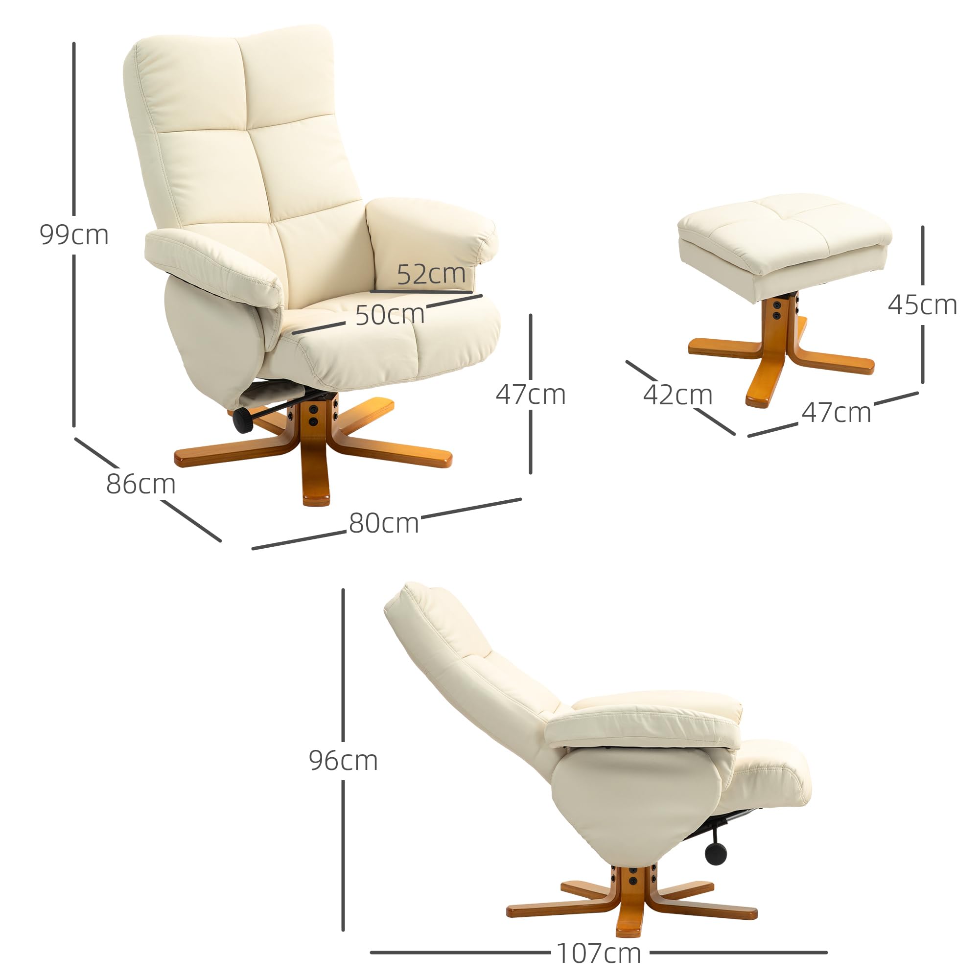 HOMCOM Relaxsessel mit Hocker, 360°drehbarer Fernsehsessel mit Liegefunktion Lesesessel für Schlafzimmer, Wohnzimmer, Kunstleder, Cremeweiß