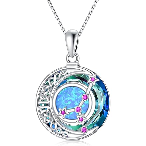 TOUPOP Zodiac Necklace 925 Sterling Silver Celtic Moon Constellation Pendant Necklaces with Blue Crystal and Blue Opal Jewelry Birthday Christmas Gifts for Women