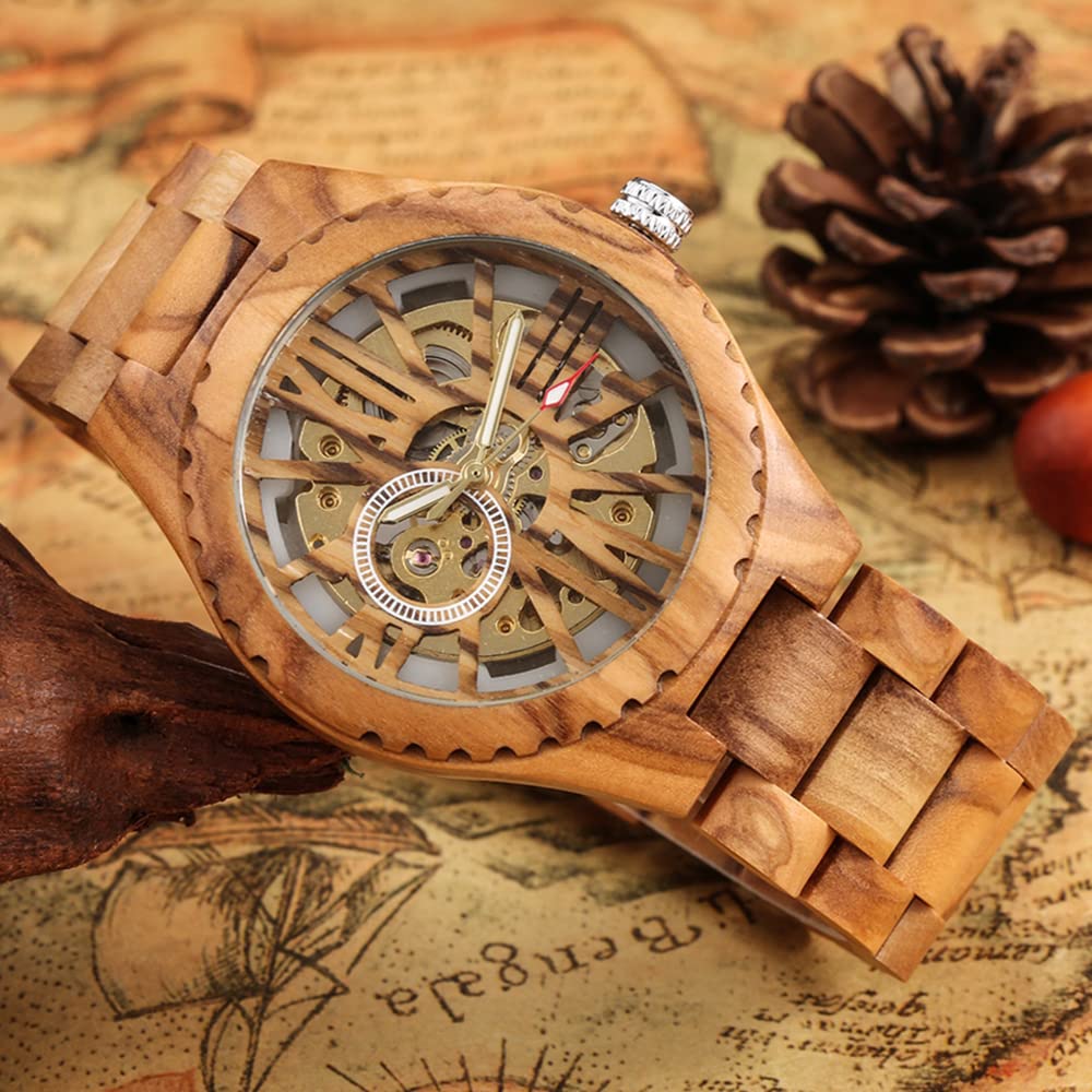 Relojes esqueléticos mecánicos de madera de los hombres de la moda, reloj de correa de madera sin batería para los hombres, relojes mecánicos de madera con esfera de números grandes romanos, M804.