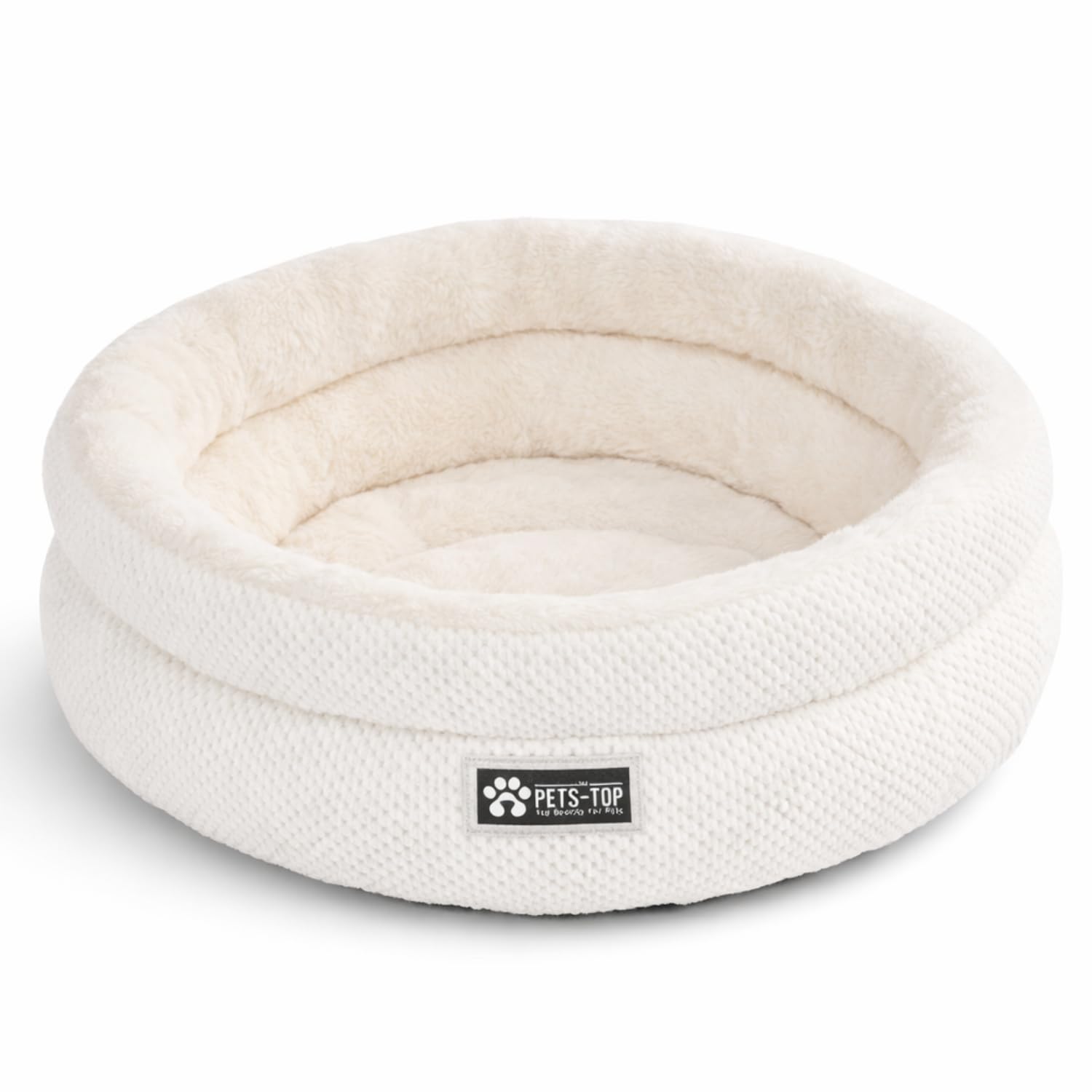 One PETS-TOP Katzenbett Rund Flauschig – Weiches Katzenkissen – Schlafplatz für Katze & Kleiner Hund – Waschbar, rutschfest (RoyalWeiß, 50cm)