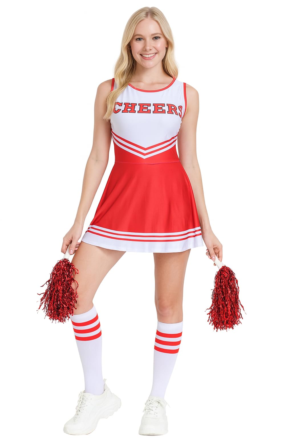 Komonee Cheerleader Outfit Fancy Dress Halloween Cheer Pep School College Uni Rally Pom Poms Socks Costume Womens Girls Sports Theme Cosplay Red XL