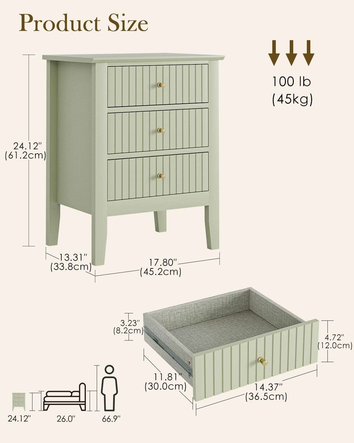 HEYZOEY Comodino con 3 cassetti, comodino, cassettiera, tavolino per camera da letto e soggiorno (verde pistacchio, 45 x 33 x 61 h)