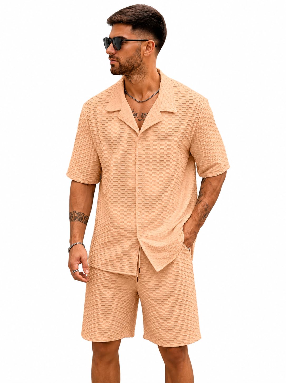 zilcon Men's Textured Co-Ord Set | Half Sleeve Cuban Collar Shirt & Shorts | Casual Summer Lounge Wear | Premium Matching Outfit-picture-33