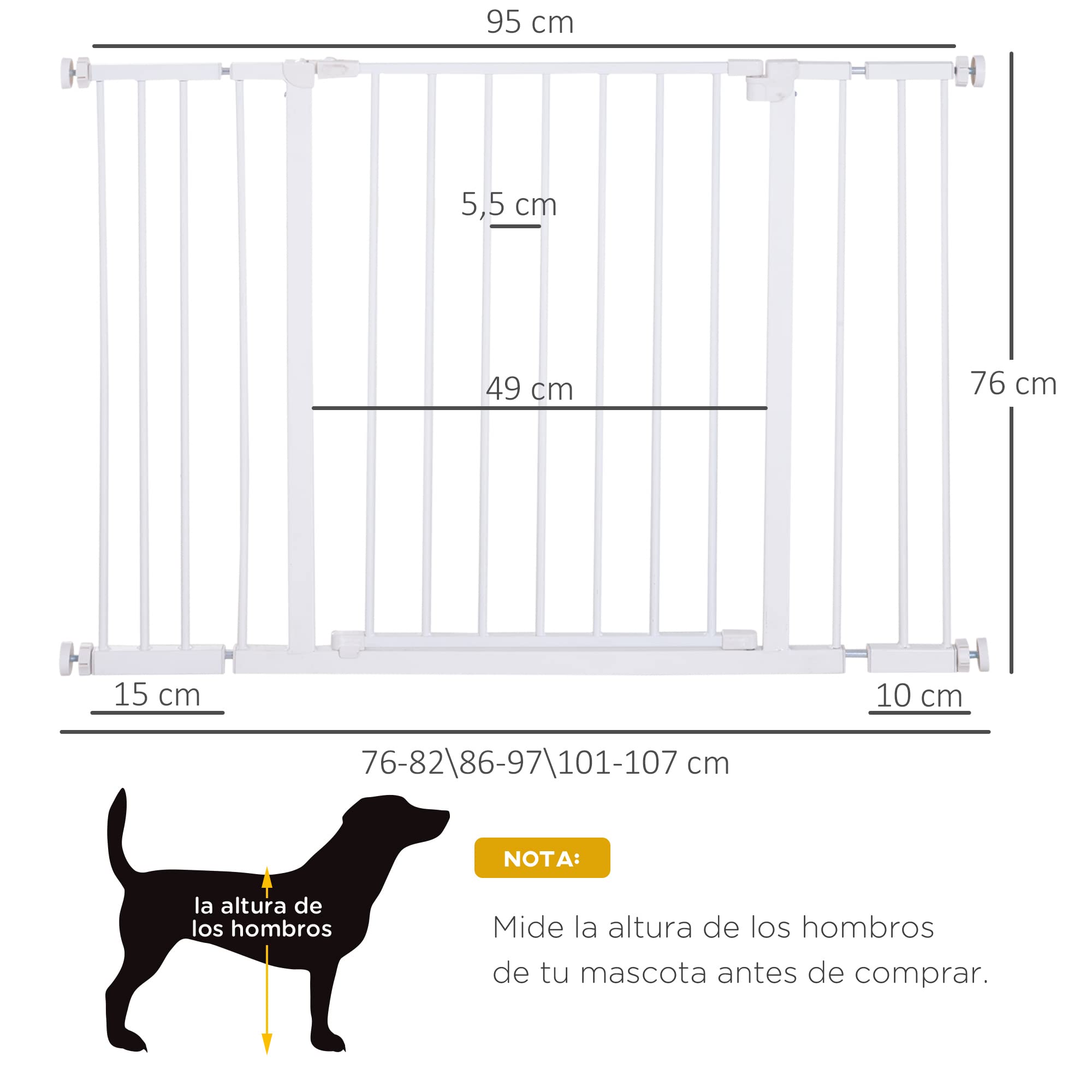 PawHut Barrera de Seguridad Longitud Ajustable 72-107 x 76 cm sin perforación de Metal, plástico Blanco