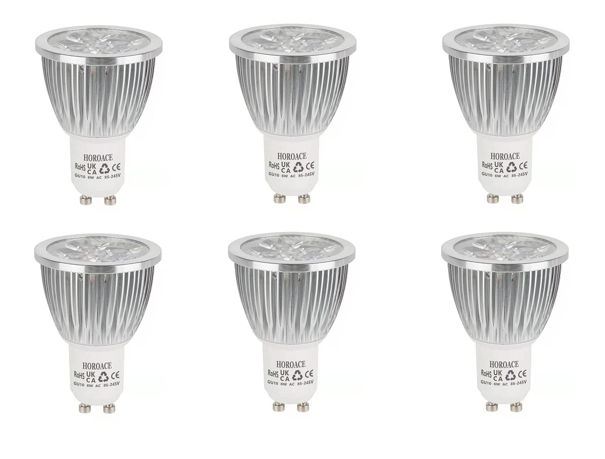 HOROACE®6Pcs Dimmable GU10 LED Bulbs Long Neck, Aluminum Alloy Radiator, Wide Beam Angle 60°,Superbright Energy Saving Spotlight 60W Halogen Equivalent,220V-240V,6W 560lumens(Warm White)