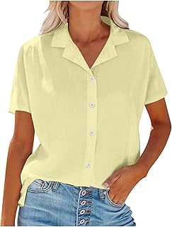 Camisa de lino con botones para mujer, blusa de manga corta con solapa de color liso, informal, para verano, para el trabajo