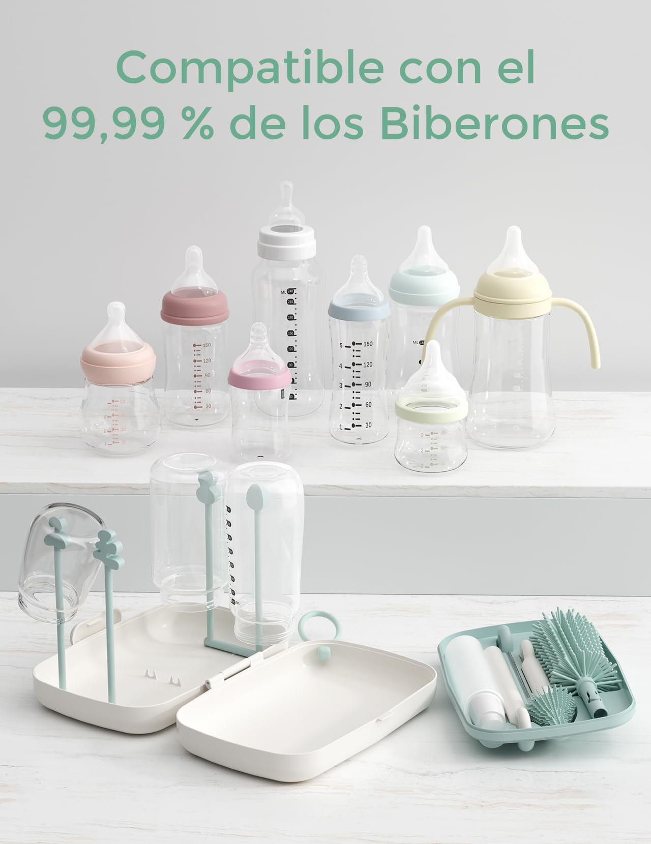 Momcozy Juego de cepillos 7 en 1 para biberones, Kit Completo de Limpieza de biberones con Cepillo de Silicona, Cepillo para pezón, Cepillo para Pajita, dispensador de jabón y Estante de Secado