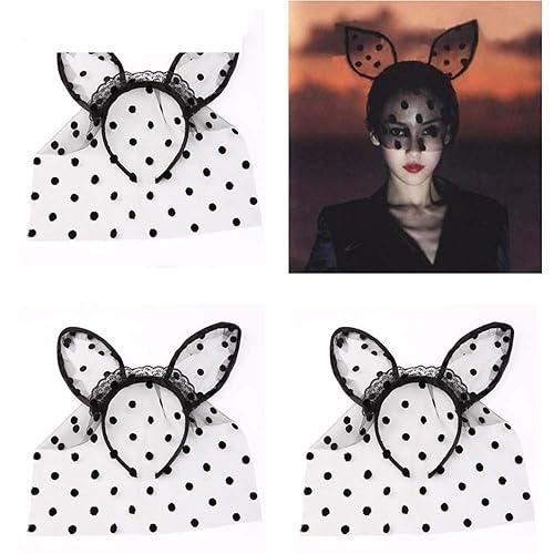 Miniatura 5 de Diadema de encaje negro con velo orejas de conejo negro diadema aro para el pelo para Halloween Cosplay