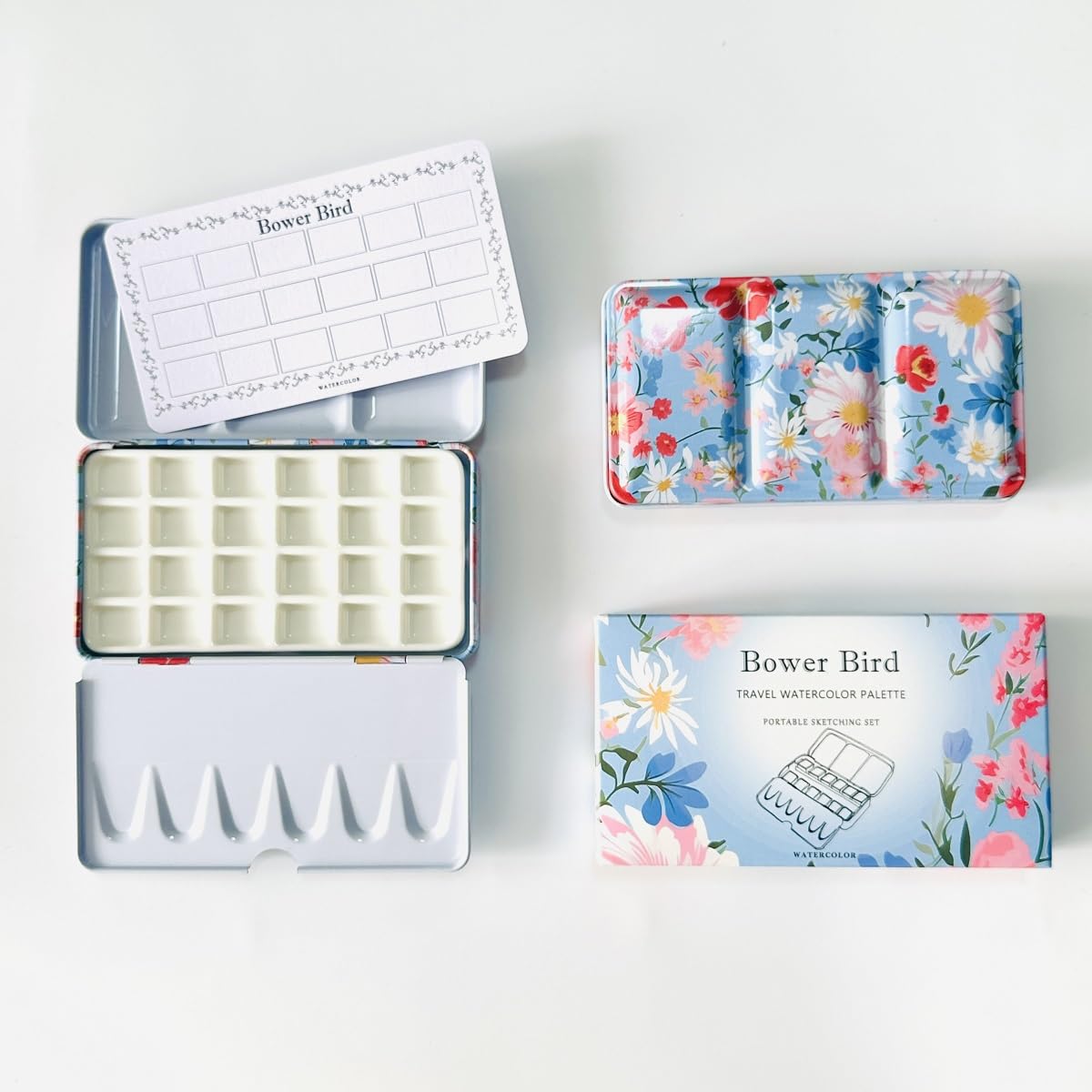 Bower Bird Silver Travel Watercolor Palette,Portable Ceramic Palette 16 Well,Empty Paint Palette,Small Travel Metal Paint Boxwith Porcelain Palette (24Well)