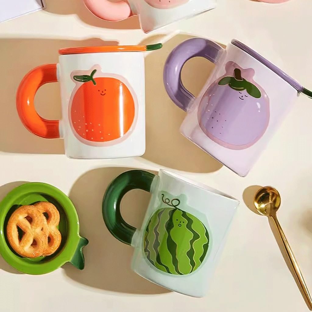 Tazza di Vetro, Tazza da tè, Tazza da caffè di Grande capacità con Coperchio, Frutta, Tazza d'Acqua per Ragazze Carine, Tazza per la Colazione casalinga (A)