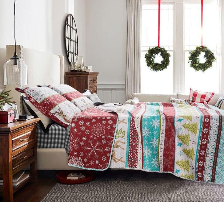 Miniatura 4 de Smuge Juego de colcha de Navidad tamaño Queen  Reversible Cabaña Lodge Wildlife Deer Reindeers Bird Snowflake Striple Winter Holiday Juego de ropa