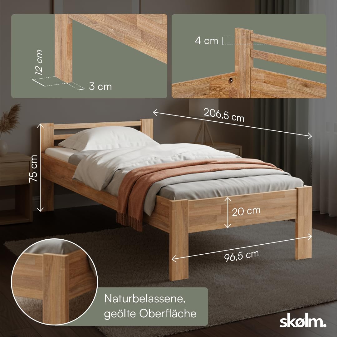 skølm Fenrir Massivholzbett 90x200 cm – Einzelbett aus massiver Eiche – Holzbett Natur geölt - Bettgestell 51cm hoch – Bettrahmen stabil aus Holz mit Bettkopfteil - Seniorenbett mit erhöhtem Einstieg