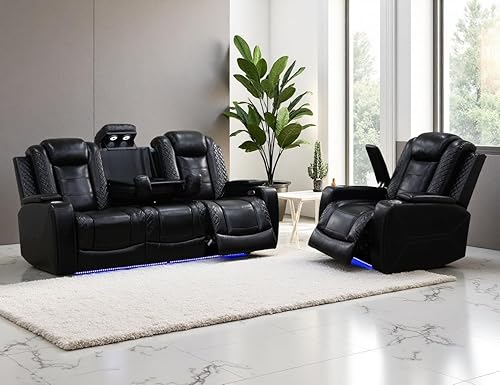 Miniatura 14 de Juego de sofá reclinable eléctrico, juego de sofá reclinable de cine en casa, sofá biplaza reclinable de cuero transpirable con Debut negro,Negro