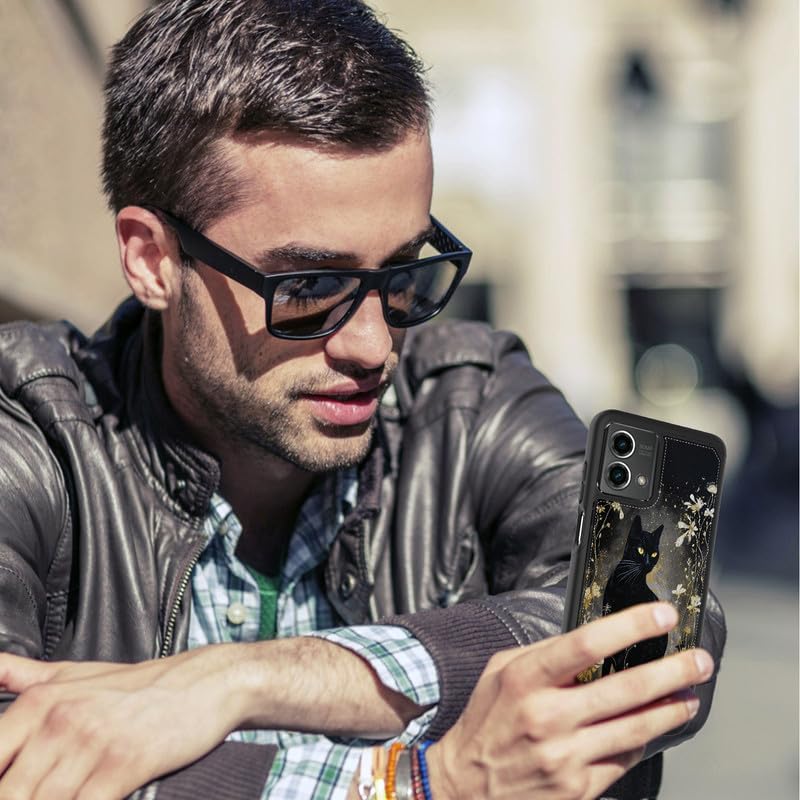 Miniatura 4 de FUYOCWE Funda para Motorola Moto G Stylus 5G 2023 con tarjetero, diseño de gato negro con diseño floral dorado de piel sintética con ranura para
