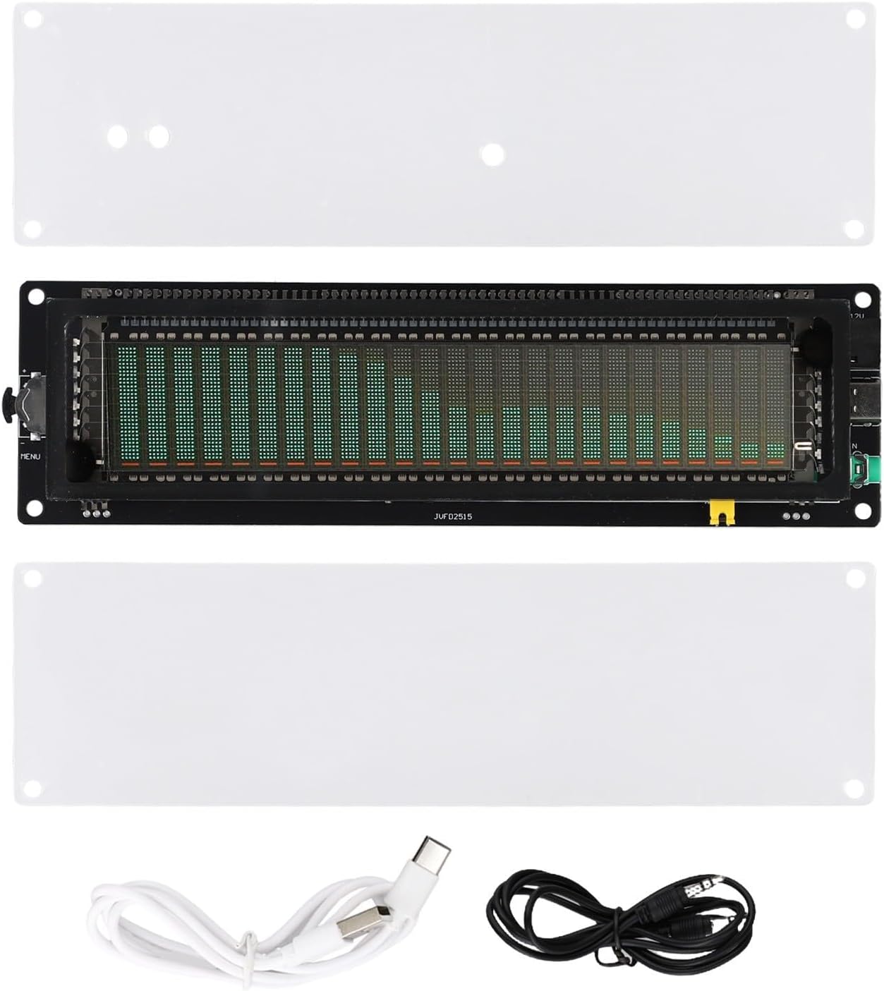 AK2515 Audio Spectrum Analyzer with VFD Sound Level Meter, 3.5mm AUX MIC Input, Music Spectrum Display & Clock, Acrylic Visualizer Board, Adjustable Brightness