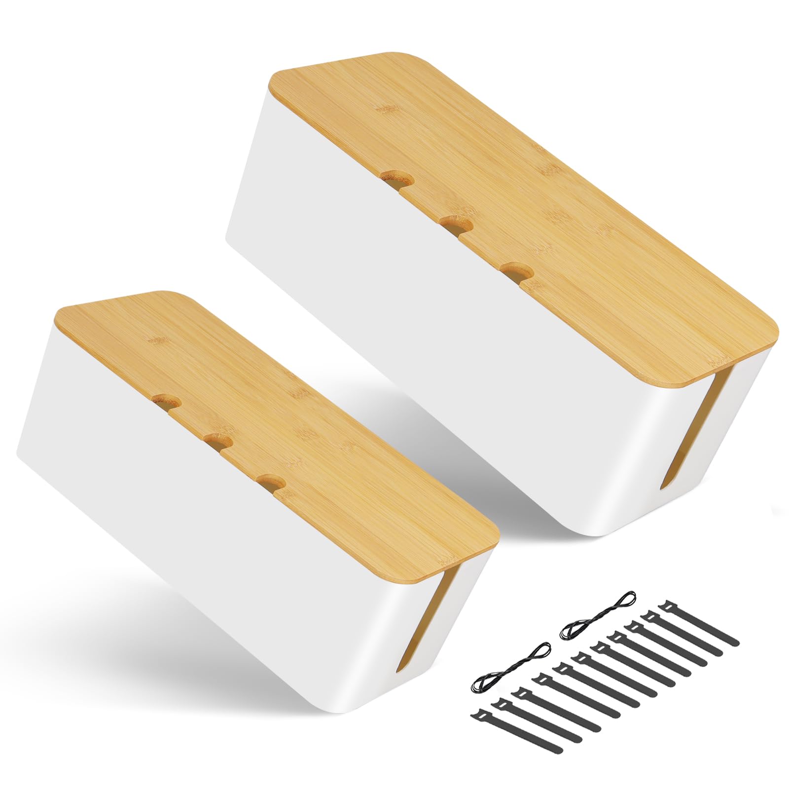 Cable Tidy Box 2 Pack Larger Desk Wire Organizer Box Cable Management Box Hiding Messy Cable Surface Wiring Power Strip Cord Management Storage Tray with Lid Lead Cover Box Large, Medium, Small -White