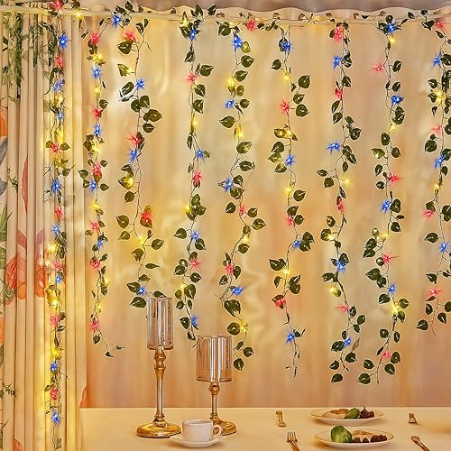 Image of Gesto Artificial Leaf Curtain LED String Lights - Multicolor Fairy Lights with 8 Modes Controller, AC Plug for Home,Room,Wall,Birthday,Wedding & Diwali Decoration, Green Leaf Hanging Lights (10x3 Ft)