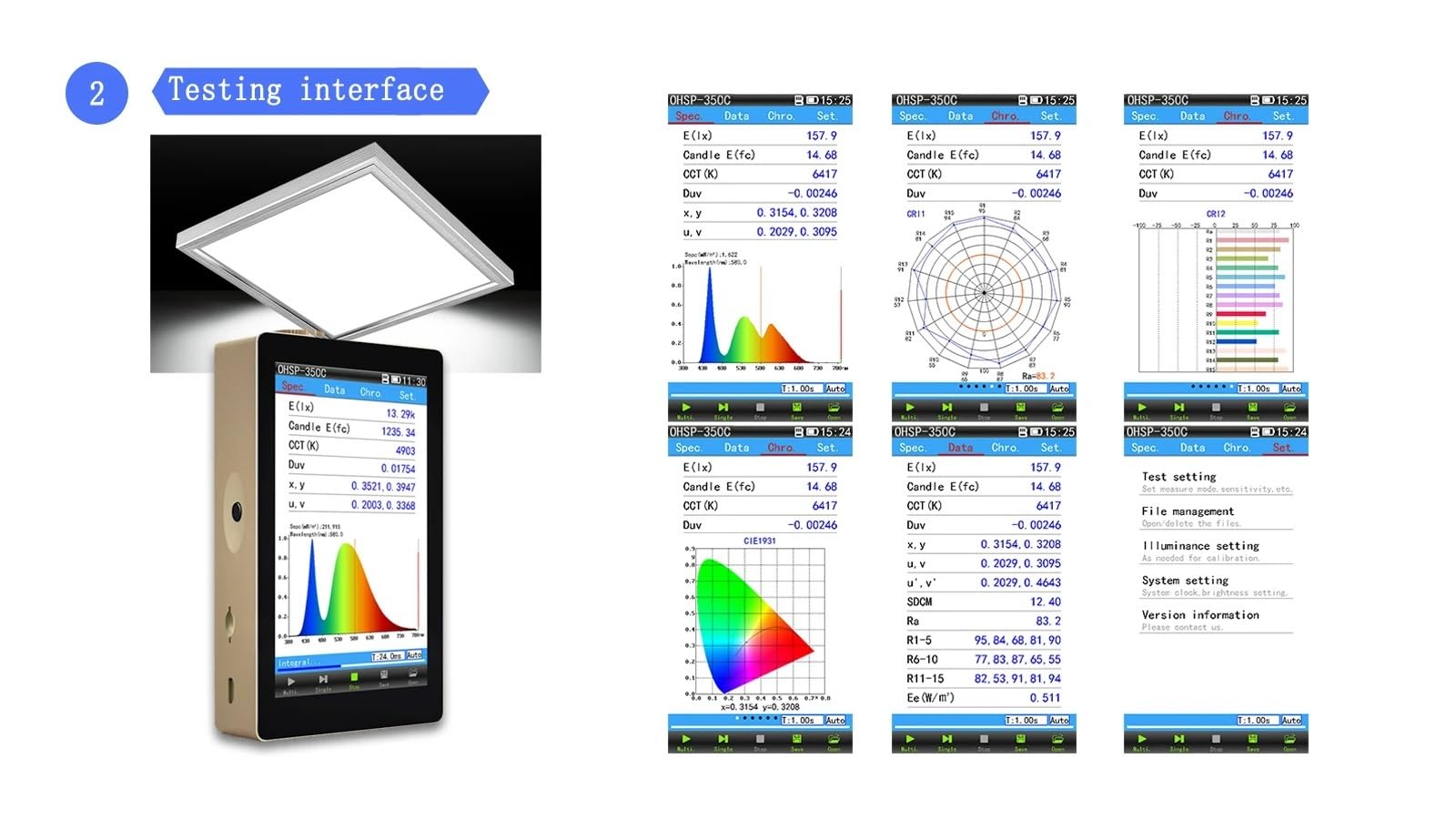medidor de luz, Espectrómetro portátil OHSP-350C, 380-780 Nm, LED, CCT, CRI, Luxómetro