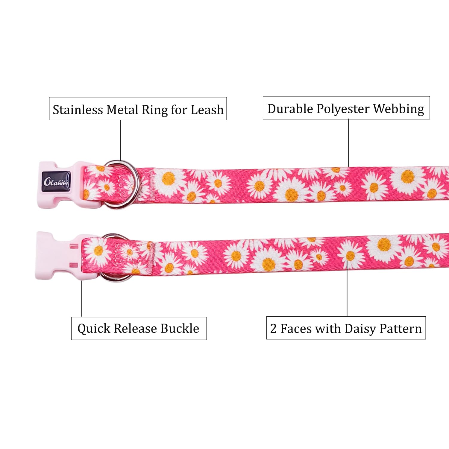 Olahibi Basic Dog Collar, Soft and Durable Polyester Material, Adjustable Length,for Medium Dogs.(M, Pink Daisy) - Image 3