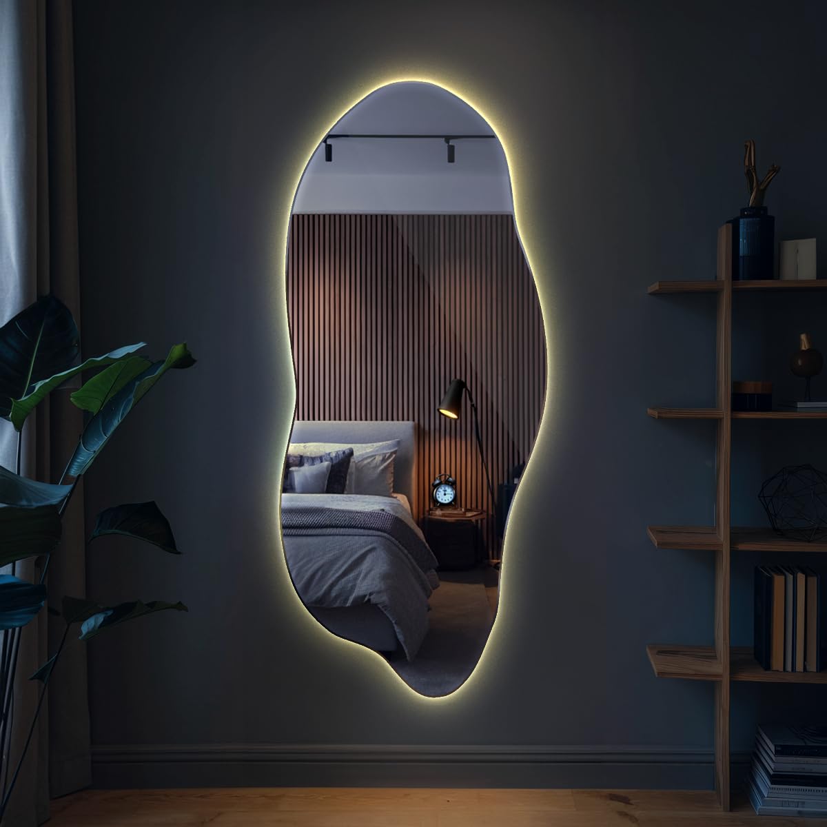 Tulup Grande Espejo 45x100 cm con Iluminación LED Luz Cálida para Baño Dormitorio Sala de Estar Montaje en Pared de Maquillaje Sin Marco Forma Orgánica Asimétrico Irregular Forma Única Diseño
