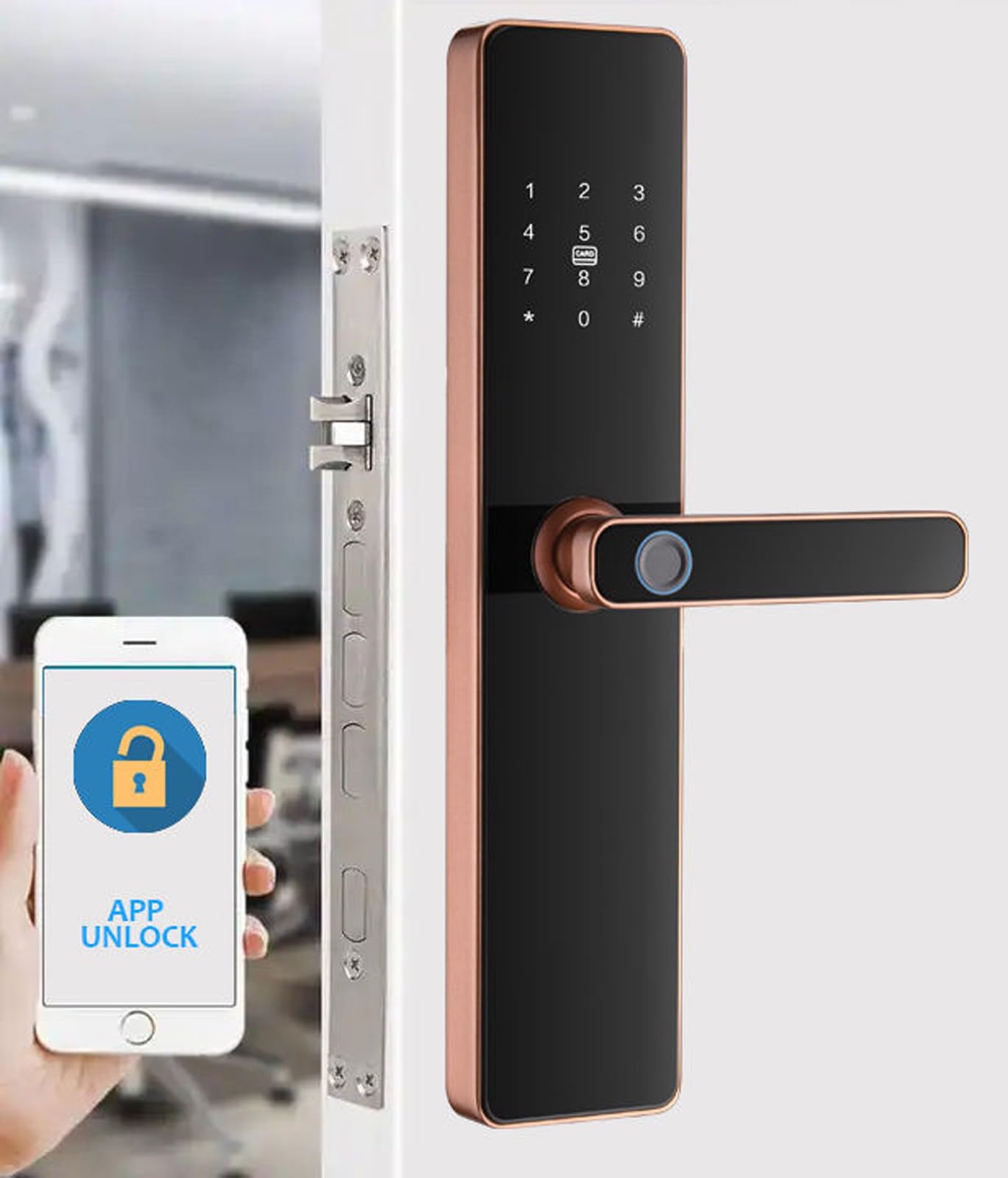 Serratura Porta D'Ingresso Senza Chiave App di Sblocco Remoto Allarme Vocale Serrature Intelligenti Porta D'Ingresso Codice Bluetooth Smart Lock Elettrico Senza Fili(Bronze)