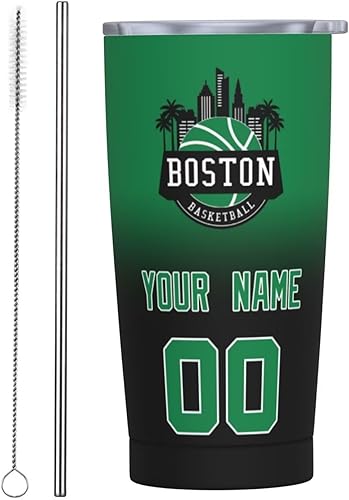 Miniatura 1 de Boston - Vaso de baloncesto personalizado con nombrenúmero, vaso clásico de acero inoxidable con tapa y pajilla, regalo personalizado para fanáticos