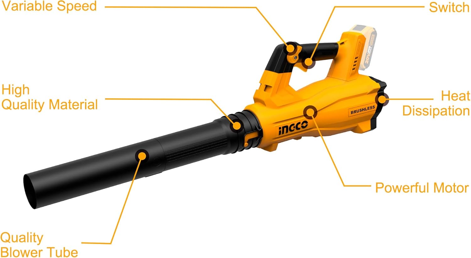 Person using INGCO leaf blower to clear dry leaves from a paved surface