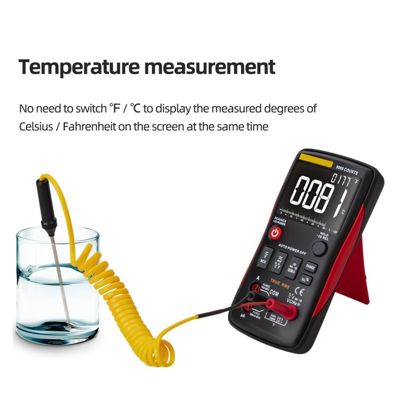 Multimetr Cyfrowy 9999 Zlicza True Samochodowy Tranzystor Elektryczny Kondensator NCV Tester Profesjonalny Miernik Test Szybko Dokładnie Łatwy Odczyt(Q1 Orange)