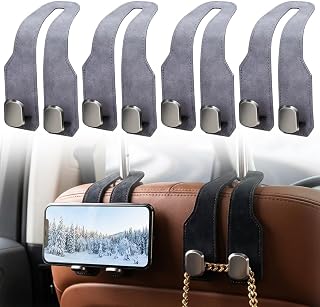 Fauppt Headrest Hooks for Car Car Seat Hooks for Headrest,2026 Hooks for Purses and Bags Cute Car Purse Holder,Twinhook Leather Car Headrest Hangers Seat Back Organizers for Travel (Grey*4)