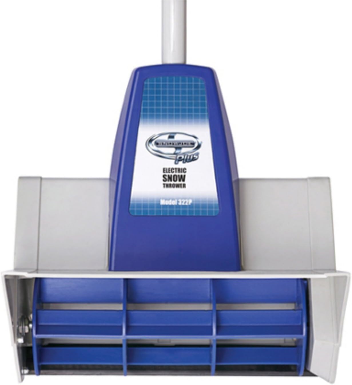 Sun mo tipetipe view of the Snow Joe 322P's rotor assembly, showing the three blue blades designed to cut and throw snow.