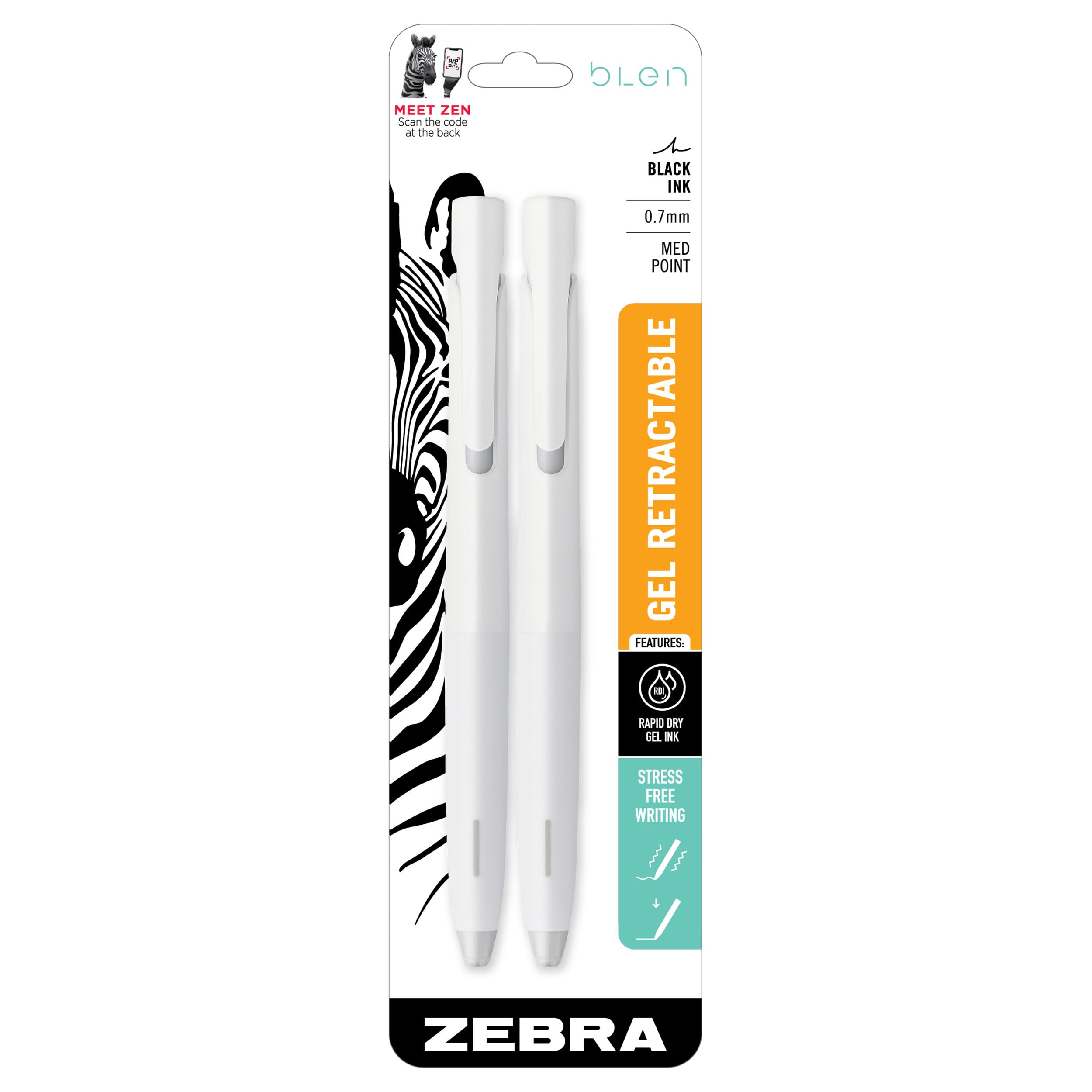 bLen Retractable Gel Pens, Medium Point 0.7mm, Black Ink, White Barrels, Rapid Dry Gel Ink, Low Vibration for More Stable, Easier to Control Writing, Refillable, 2-Pack (41402)