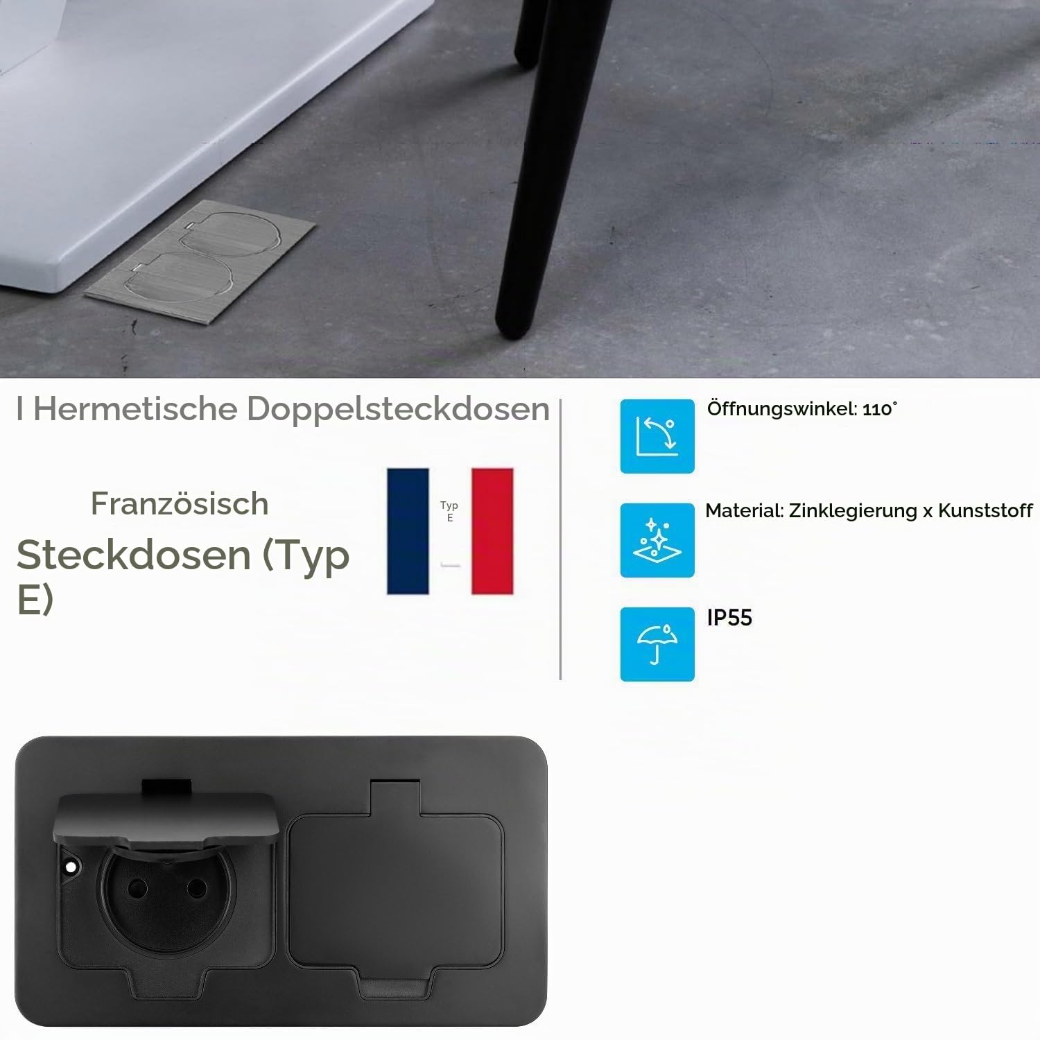 Metall Doppel Einbausteckdose, Bodensteckdose IP55, Klappdeckel, Steckklemme, Typ E Französisch