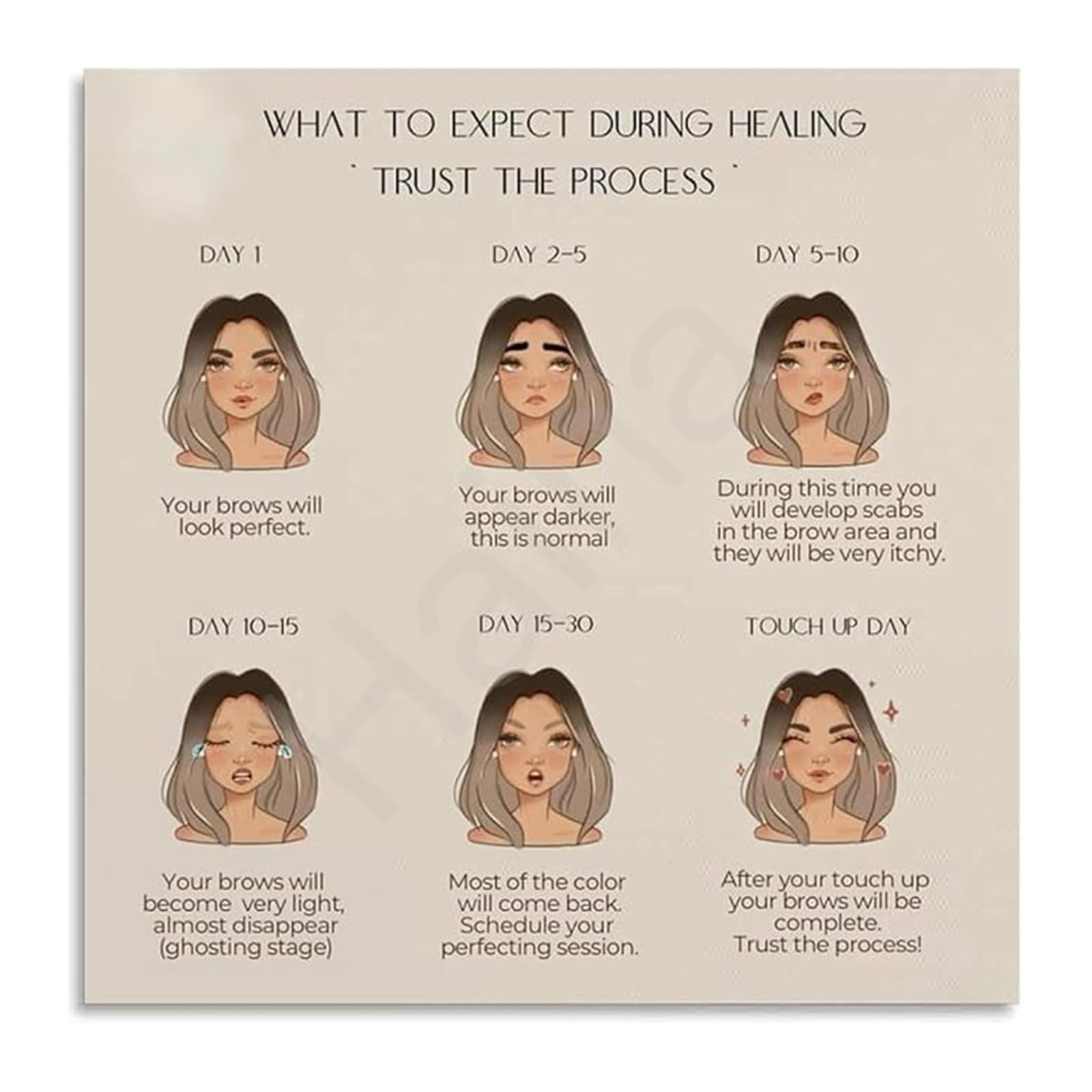 VWWJCCRO Eyebrow Permanent Makeup Aftercare Reminders Poster Canvas Wall-Art for Microblading Salon Decor(Framed,08x12inch(20x30cm))