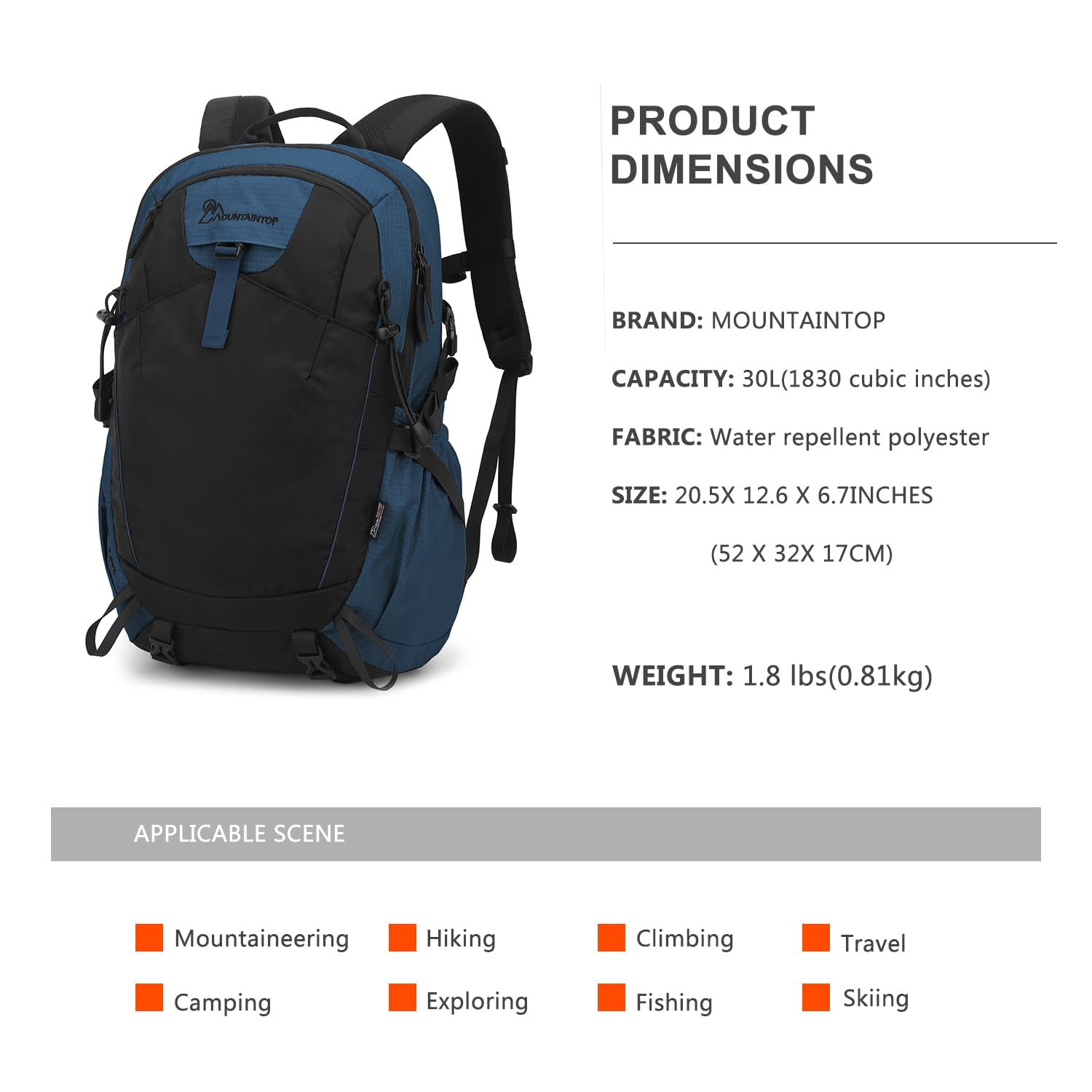 MOUNTAINTOP 30L Hiking Backpack Travel Lightweight Daypack For Outdoor Camping Backpacking