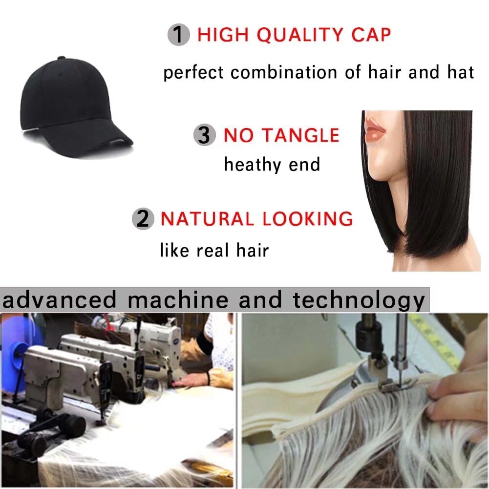 LaLuLoLi Light Brown Short Straight Bob Wig with Hat Wig 9" Short Synthetic Hair Extensions Hairpiece with Attached Adjustable Black Baseball Cap for Women Girl - Image 4