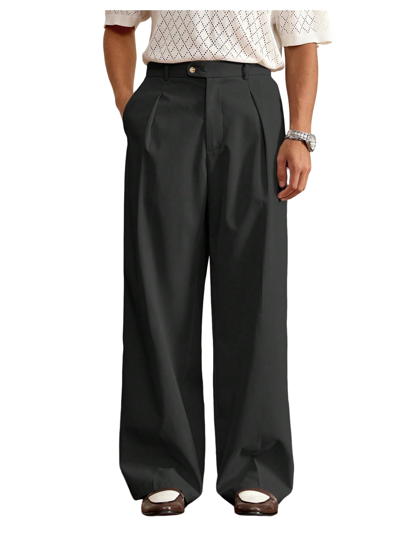 Men's Pleated Baggy Dress Pants High Waisted Wide Leg Pants Casual Work Trousers with Pockets Slacks for Men