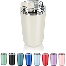 Puraville 带盖隔热杯垫、14 盎司旅行咖啡杯不锈钢真空杯、防漏可重复使用双层咖啡杯垫,适用于冰镇和热饮、奶油