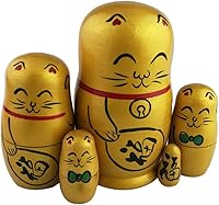 Vista 2 de Winterworm Maneki Neko Lucky Cat - Juego de 5 muñecas anidadas tradicionales rusas de madera dorada con carácter japonés chino Fu hecho a mano