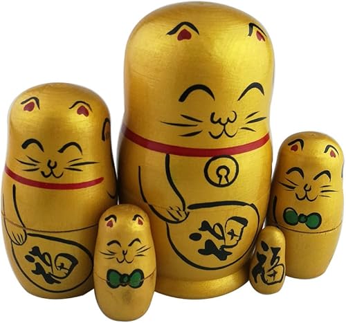 Miniatura 2 de Winterworm Maneki Neko Lucky Cat - Juego de 5 muñecas anidadas tradicionales rusas de madera dorada con carácter japonés chino Fu hecho a mano,