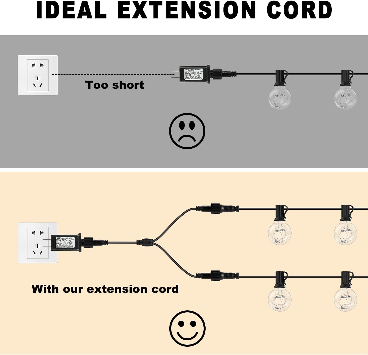 Y-Connector Splitter, 10FT Male to Female 2 Pin Flexible Waterproof Extension Cord for Indoor Outdoor Garden Lighting, Solar Strip Lights, G40 Globe Lights, and Rope Lights