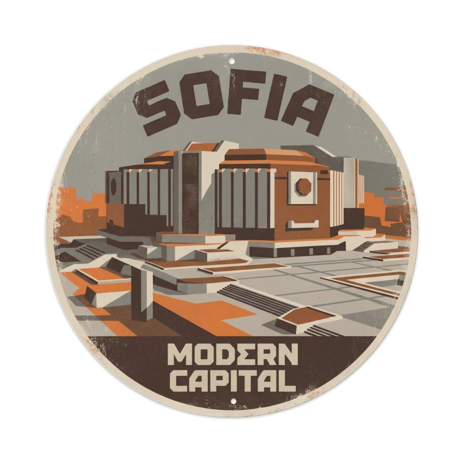 Vintage Travel Palace Sofia Bulgaria Metal Tin Sign Plaque Wall Decor for Cafe, Club Bar, Office, Home Garden Round Metal Poster 8x8Inch