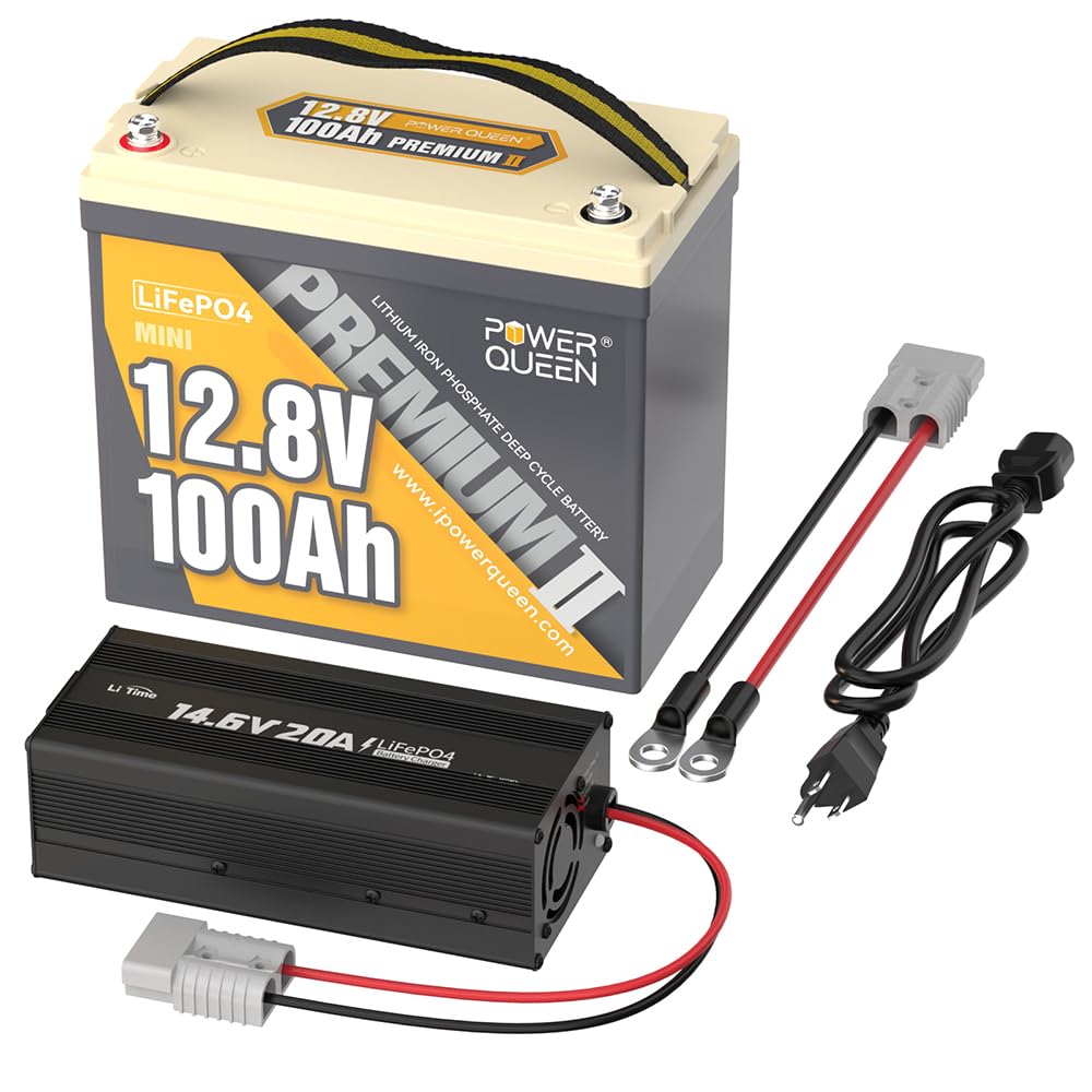 Power Queen MINI LiFePO4 Lithium Battery with 14.6V 20A Battery Charger, 12V 100Ah Battery with Built-in 100A BMS, 1280Wh Energy, Up to 15000 Cycles,