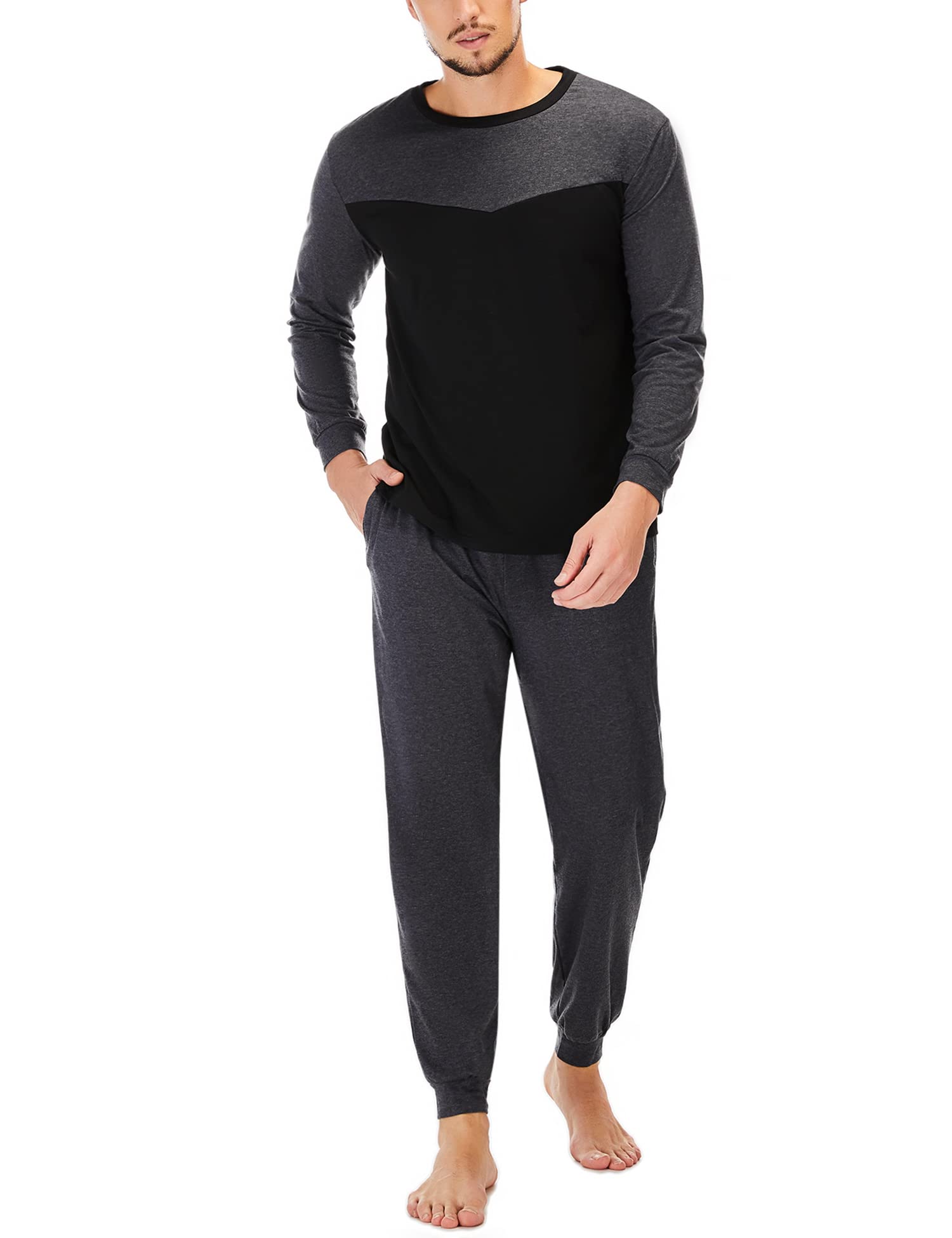Marvmys Lange herenpyjama van katoen, tweedelig, warme pyjama voor mannen, herfst, winter, nachtkleding, lange mouwen, huispak, slaapwear, A-zwart, XL