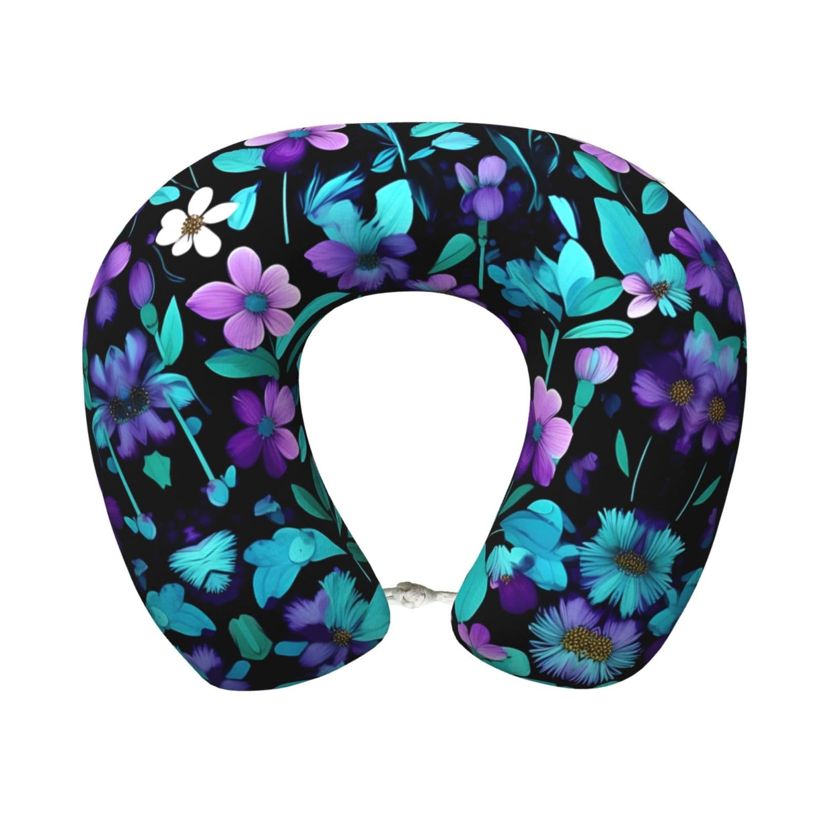 peiyeety Purple and Teal Flower Print Custom U-Shaped Pillow,Memory Foam Cervical Neck Travel Pillow,for Home,Camping,Travelling