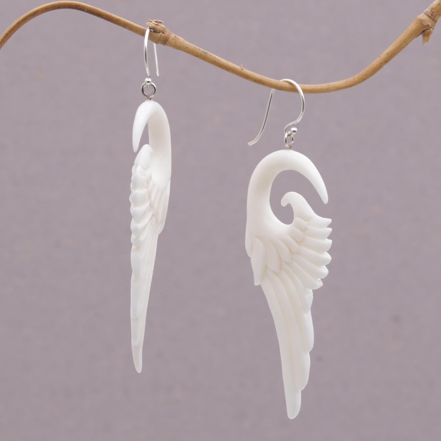 NOVICA Artisan Handcrafted Bone Dangle Earrings Wingshaped from Bali Sterling Silver Indonesia [3.1 in H x 1.1 in W x 0.2 in D] ' Swirling Wings'